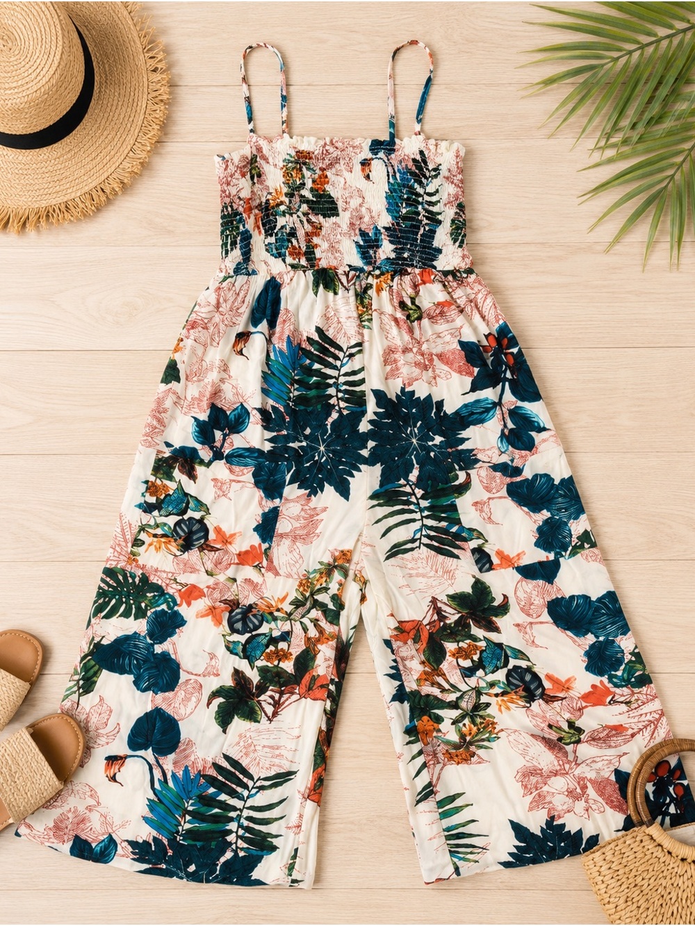 Cupshe Tropical Floral Wide-Leg Jumpsuit in Cream and Teal
